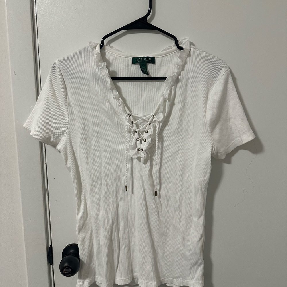 Ralph Lauren White Lace-Up Short Sleeve Top